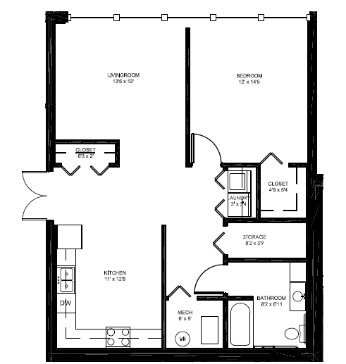 Floor plan for 1 bed, 1 bath, 825 sqft